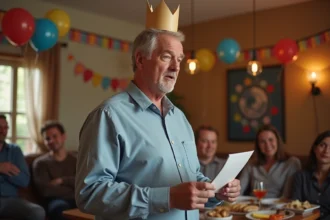 Homme faisant un discours d'anniversaire raté avec couronne en papier et carte de notes, entouré d'invités perplexes dans un salon décoré de ballons