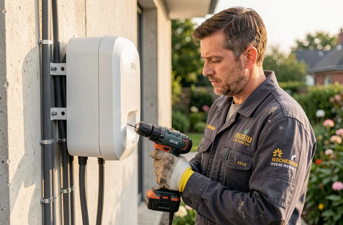 Artisan électricien installant une borne de recharge électrique IRVE sur le mur extérieur d'une maison résidentielle