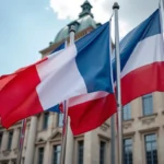 Rangée de drapeaux nationaux bleus et rouges sur des mâts devant un bâtiment gouvernemental en pierre