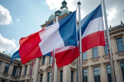 Rangée de drapeaux nationaux bleus et rouges sur des mâts devant un bâtiment gouvernemental en pierre