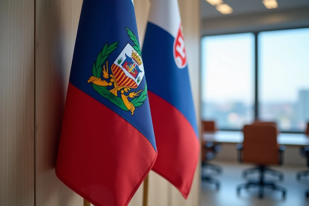 Gros plan des drapeaux haïtien et slovaque côte à côte dans une salle de conférence officielle