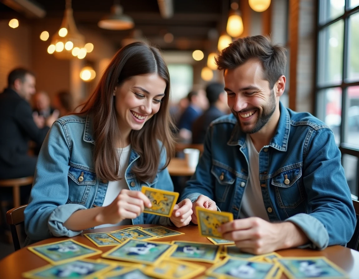 Deux collectionneurs adultes échangeant des cartes Pokémon avec enthousiasme dans un café urbain moderne