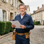 Électricien professionnel en Eure-et-Loir devant un bâtiment en pierre typique de la région, illustrant le classement des meilleurs électriciens du département