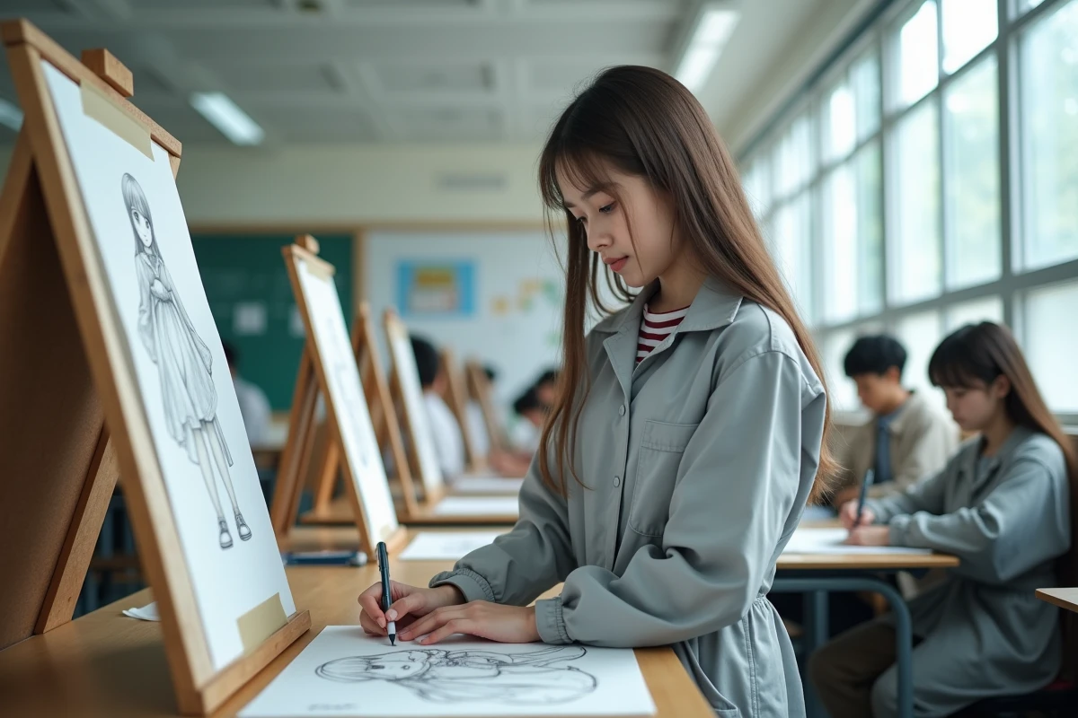 Adolescente encrant un dessin de personnage anime dans une salle de cours d'arts plastiques avec références visuelles affichées