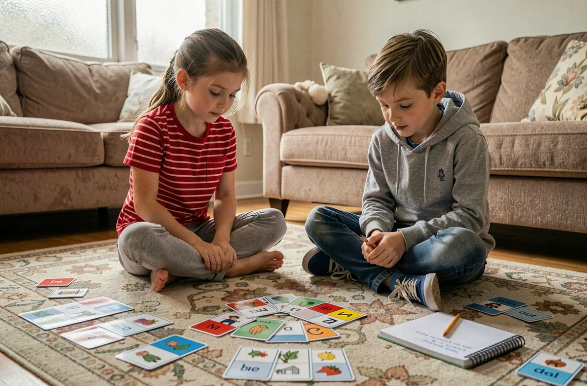 Deux enfants jouant à des jeux de rébus avec des cartes illustrées sur un tapis de salon