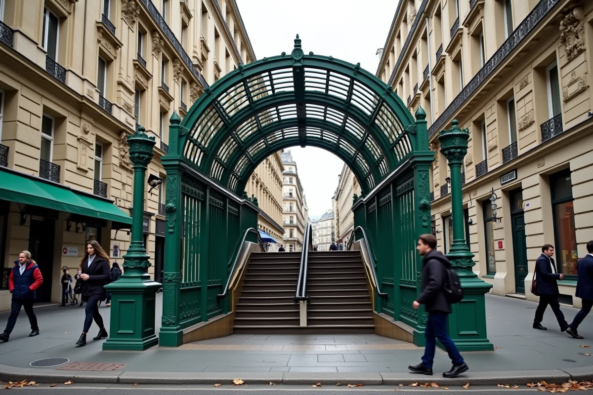 Entrée Art Nouveau du métro Montparnasse-Bienvenüe ligne 4 à Paris en automne