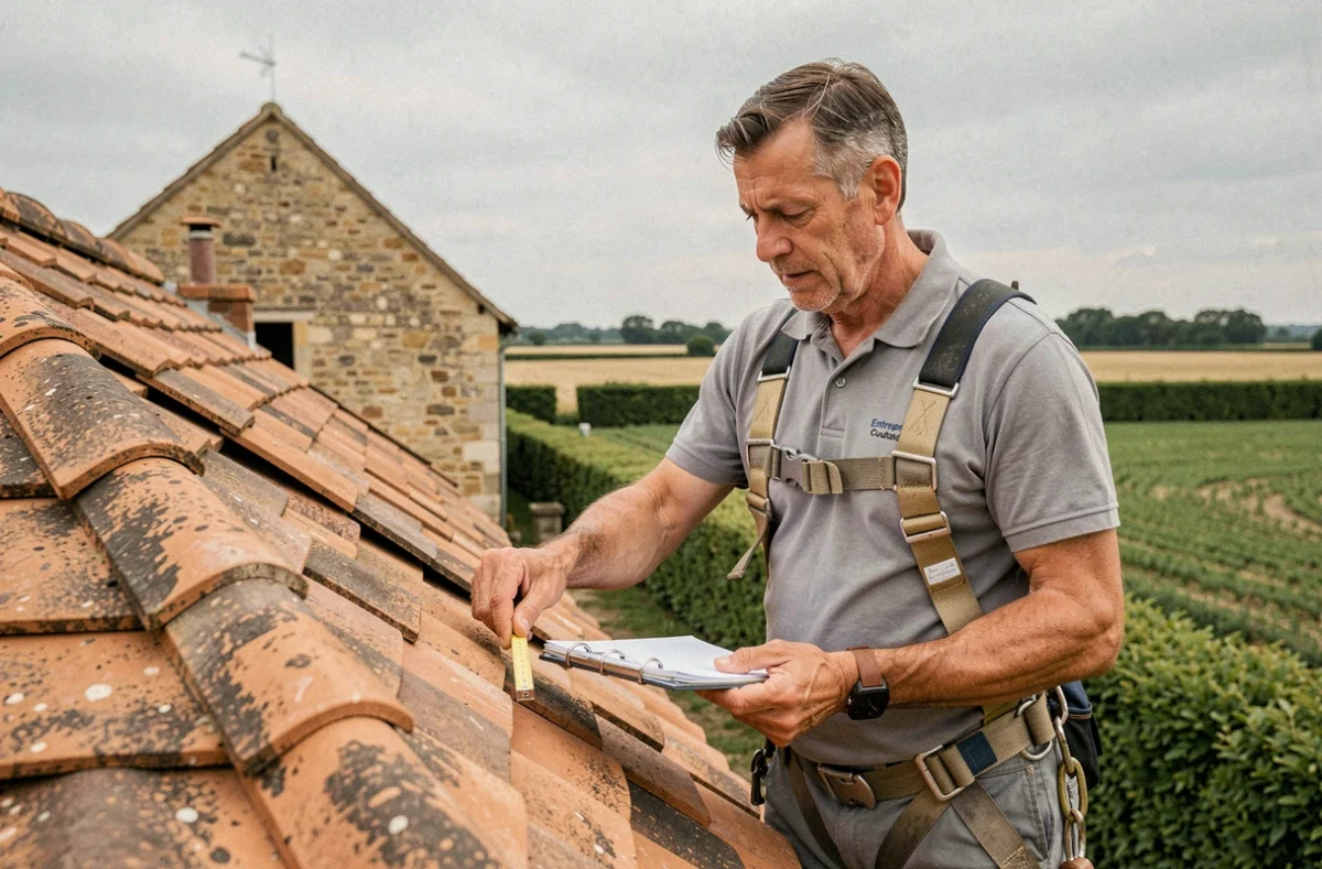 Artisan de l'Entreprise Coutand inspectant la faîtière d'un toit en tuiles plates d'une ferme vendéenne
