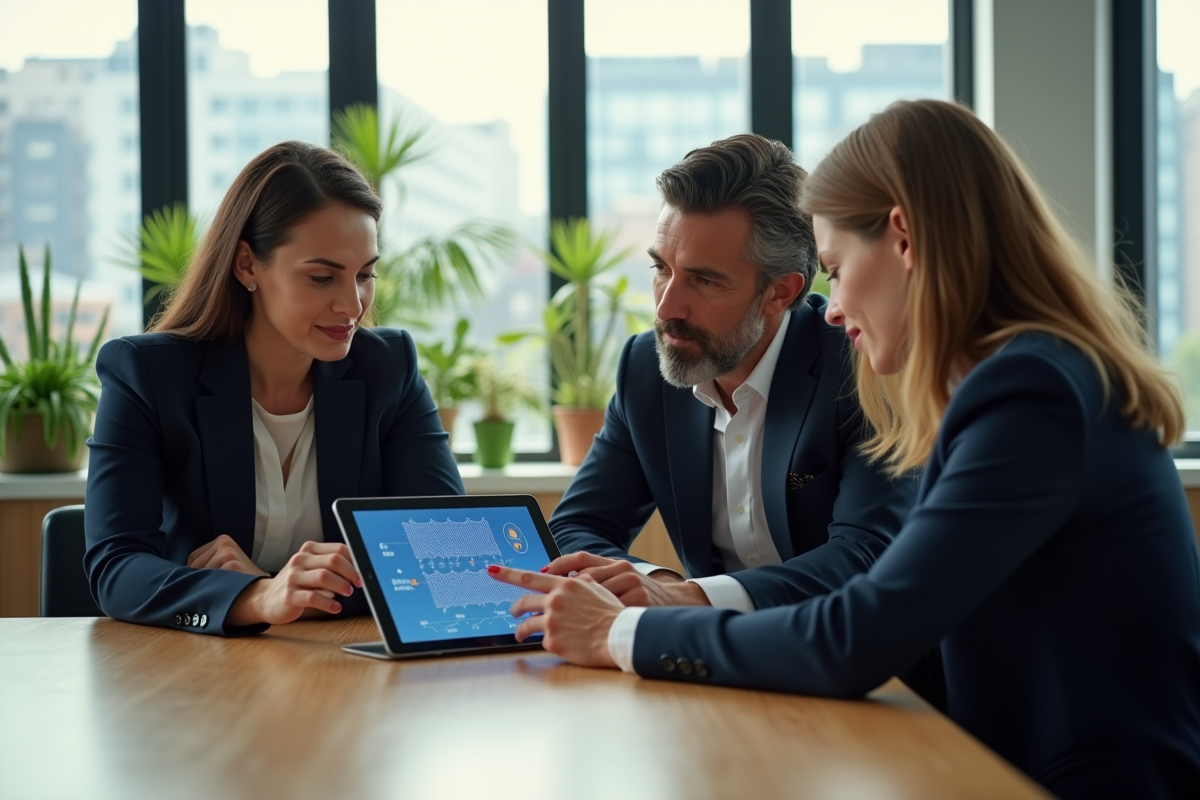 Groupe de professionnels analysant une blockchain en réunion