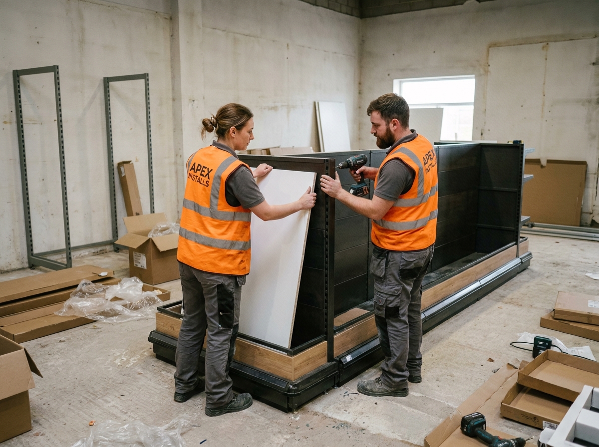 Équipe de pose Someva installant des meubles d'agencement sur mesure dans un magasin grande distribution en cours d'aménagement