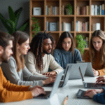 Groupe d'étudiants universitaires collaborant en salle moderne
