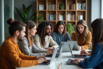 Groupe d'étudiants universitaires collaborant en salle moderne