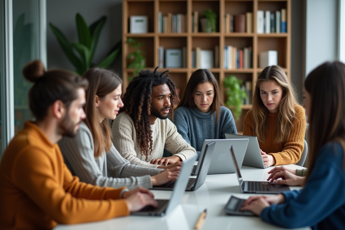 Groupe d'étudiants universitaires collaborant en salle moderne