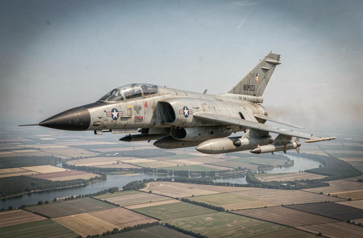 F-4 Phantom II en vol en virage, vue en contre-plongée depuis un avion-chasseur révélant les pylônes d'armement et les tuyères des réacteurs