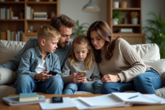 Famille moderne en tension dans un salon familial