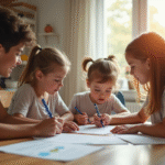 Famille jeune discutant à une table lumineuse de cuisine