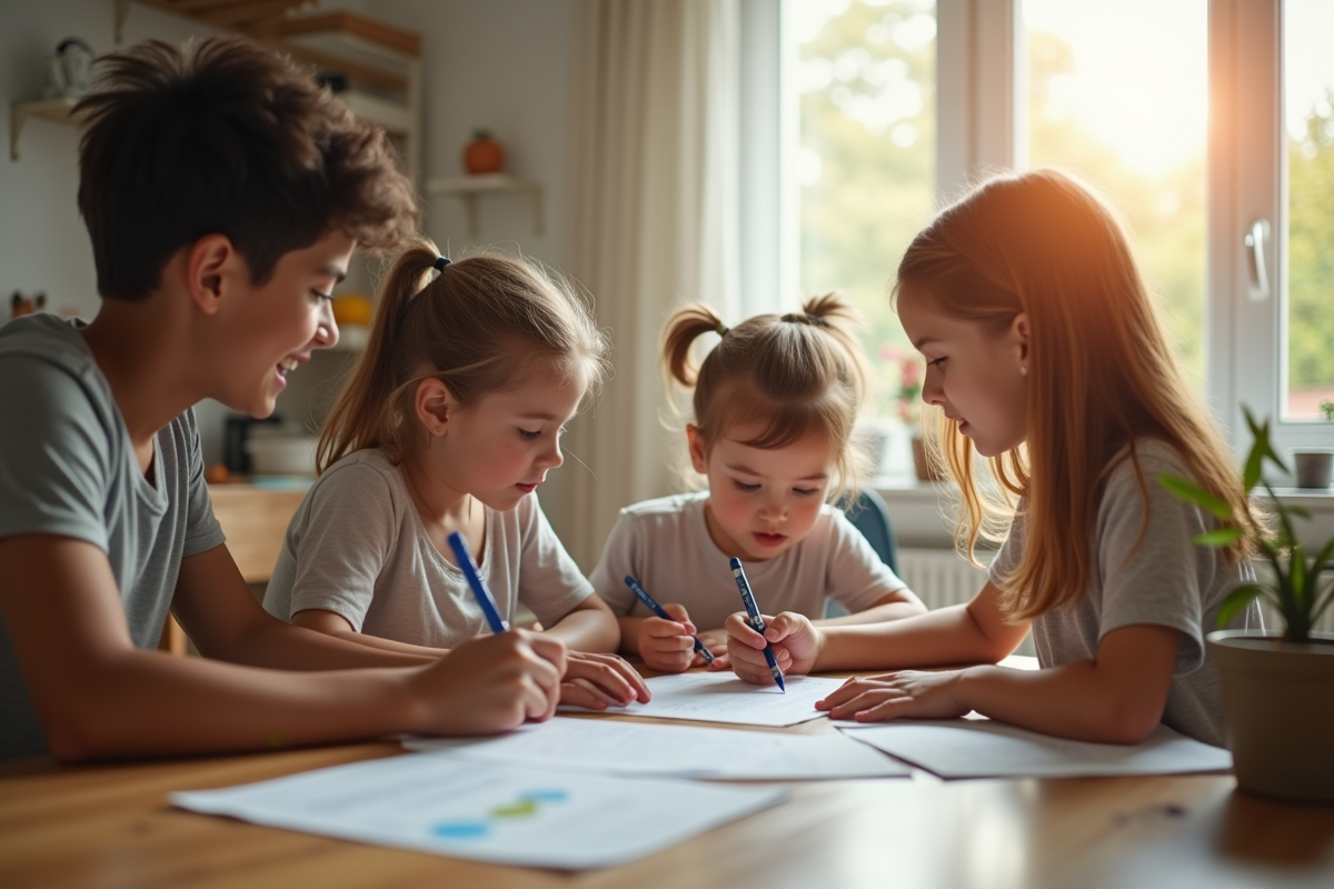Famille jeune discutant à une table lumineuse de cuisine