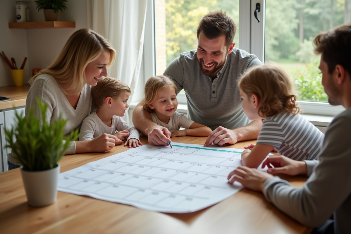 Famille moderne organisant la semaine à la cuisine