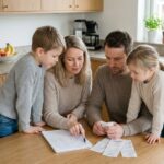 Famille de quatre autour d'une table cuisine pour planifier