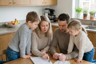 Famille de quatre autour d'une table cuisine pour planifier