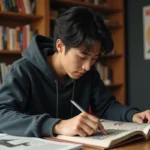 Fan de manga lisant le scan One Piece 1155 en version française sur son bureau entouré de volumes
