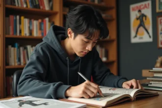 Fan de manga lisant le scan One Piece 1155 en version française sur son bureau entouré de volumes