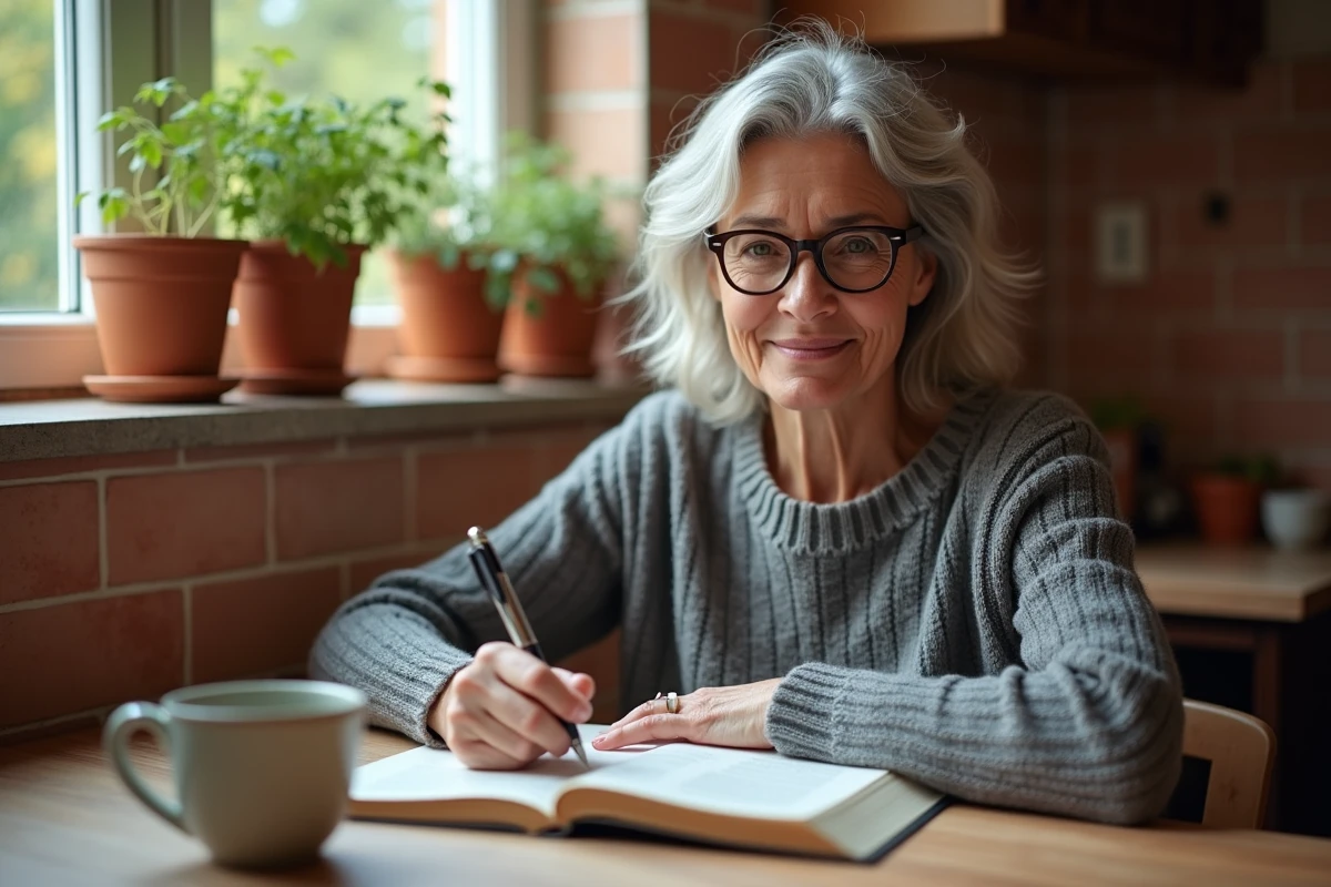 Femme d'âge mûr écrivant dans un livre de grammaire française à une table de cuisine chaleureuse, entourée d'un dictionnaire et d'une tasse de café