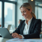 Femme d'affaires souriante analyse des données sur une tablette