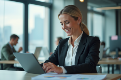 Femme d'affaires souriante analyse des données sur une tablette