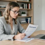 Femme analysant un document tarifaire sur son bureau à domicile, stylo à la main, ordinateur portable ouvert