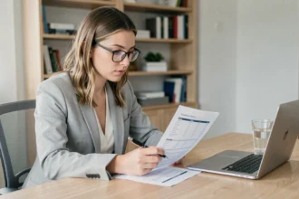 Femme analysant un document tarifaire sur son bureau à domicile, stylo à la main, ordinateur portable ouvert