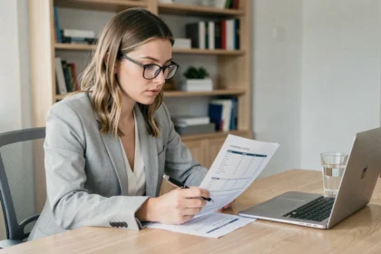Femme analysant un document tarifaire sur son bureau à domicile, stylo à la main, ordinateur portable ouvert