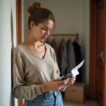 Femme inquiète avec smartphone et note de livraison à Paris