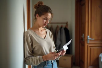 Femme inquiète avec smartphone et note de livraison à Paris