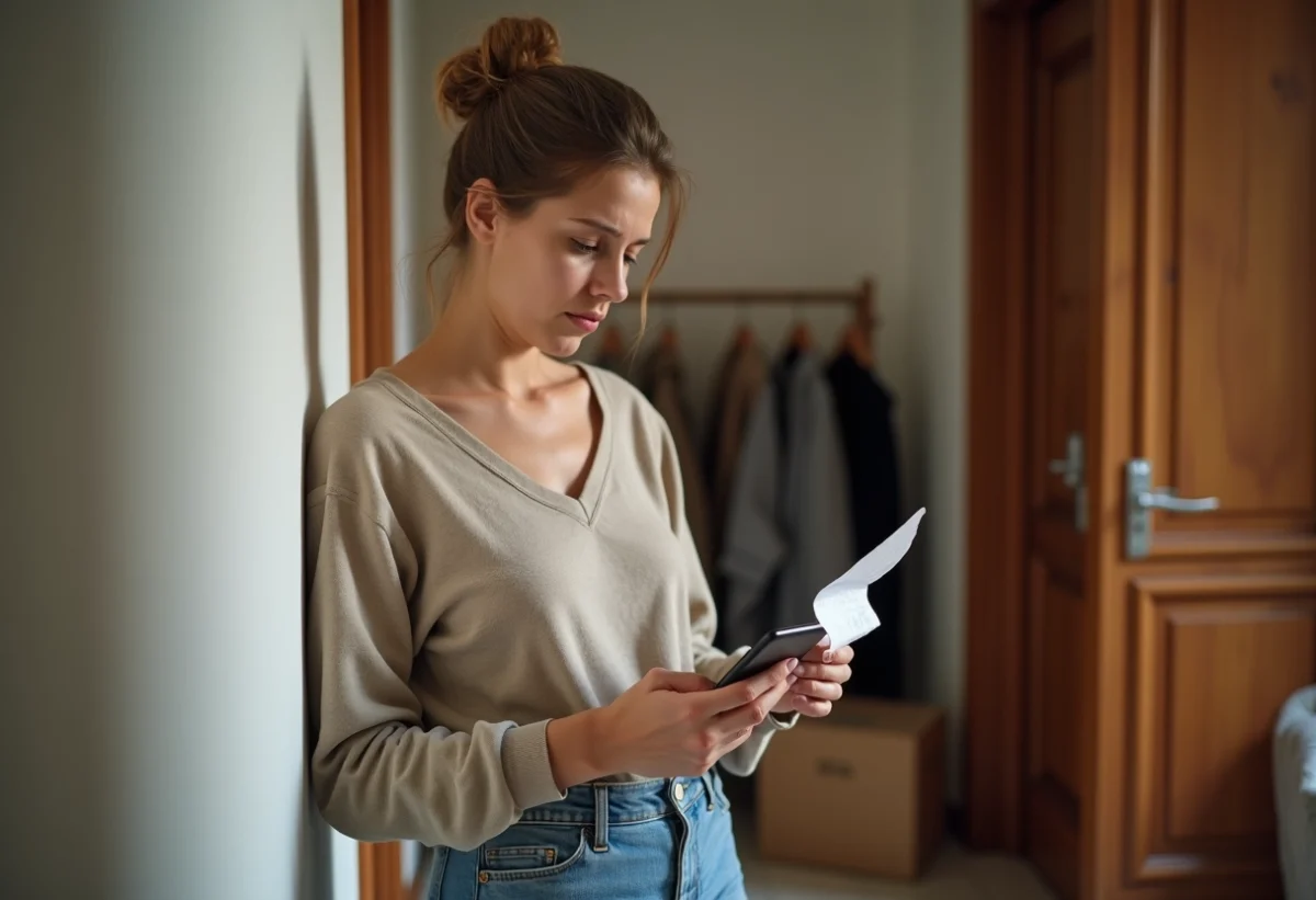 Femme inquiète avec smartphone et note de livraison à Paris