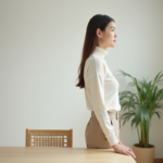 Jeune femme en turtleneck blanc dans un appartement calme
