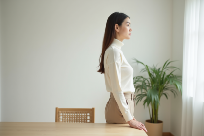 Jeune femme en turtleneck blanc dans un appartement calme