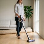 Femme utilisant un aspirateur balai sans fil sur parquet en bois dans un salon moderne scandinave