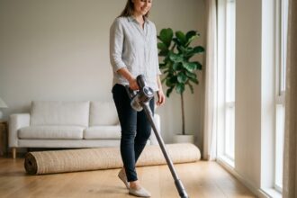 Femme utilisant un aspirateur balai sans fil sur parquet en bois dans un salon moderne scandinave