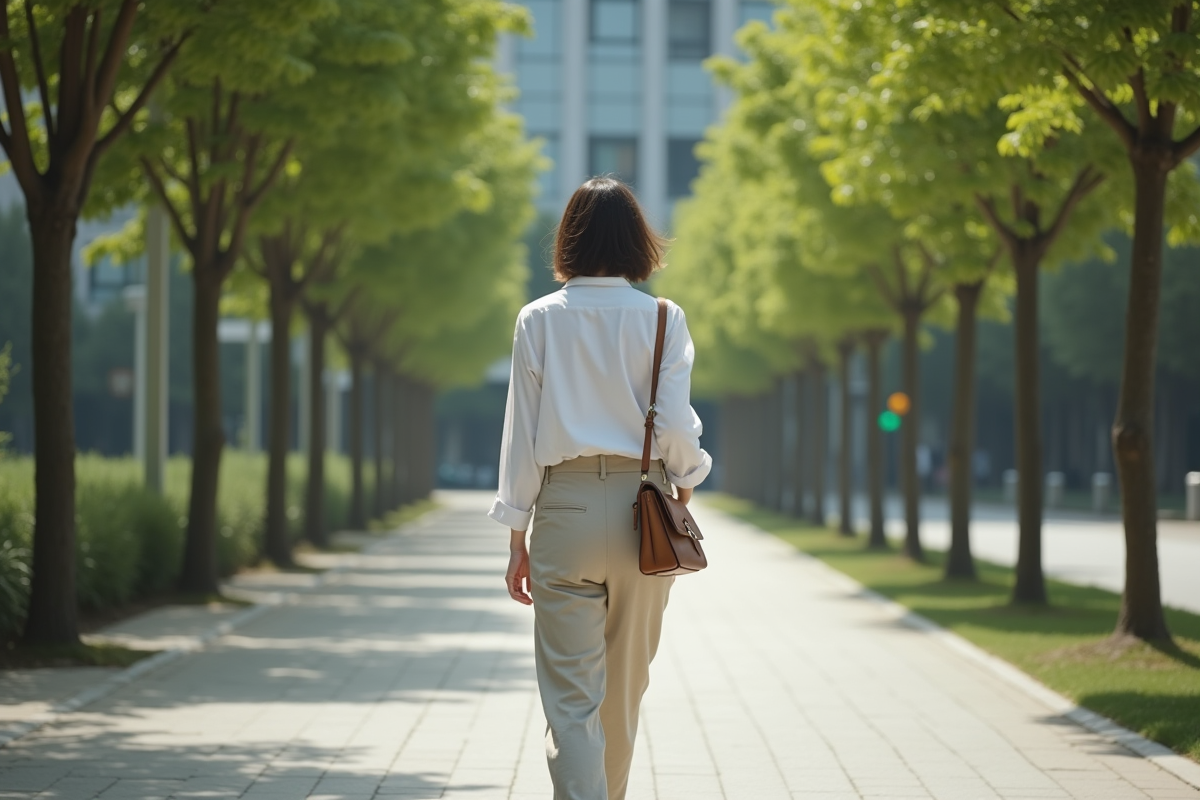 Jeune femme marche dans un parc urbain calme
