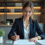Femme d affaires examine documents de prêt immobilier