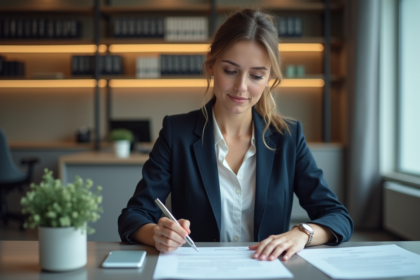 Femme d affaires examine documents de prêt immobilier