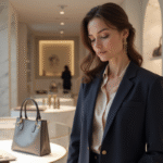 Femme élégante dans une boutique de luxe avec sacs design