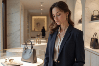 Femme élégante dans une boutique de luxe avec sacs design