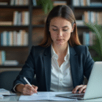 Femme concentrée au bureau avec ordinateur portable