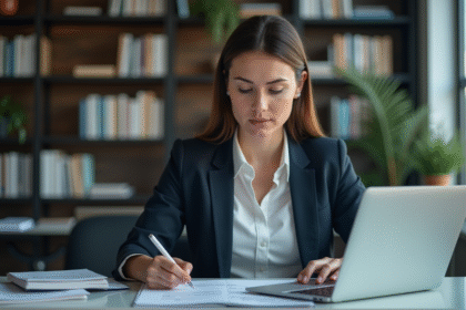 Femme concentrée au bureau avec ordinateur portable