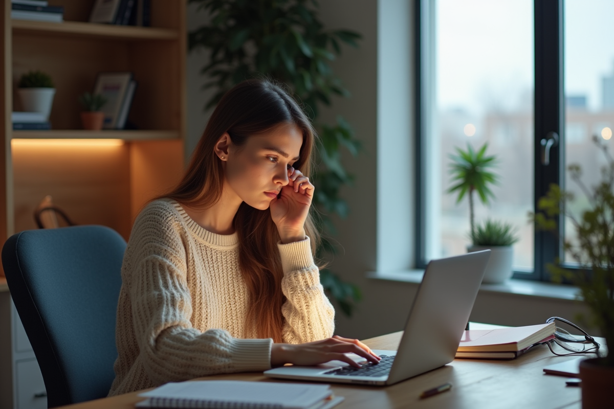 Femme au bureau à domicile avec ordinateur portable