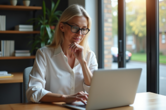 Femme d'âge moyen travaillant à son bureau à domicile