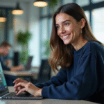 Femme concentrée sur son ordinateur dans un bureau moderne