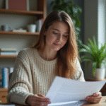 Jeune femme au bureau regardant un document