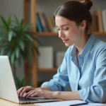Jeune femme en bureau moderne utilisant un ordinateur portable